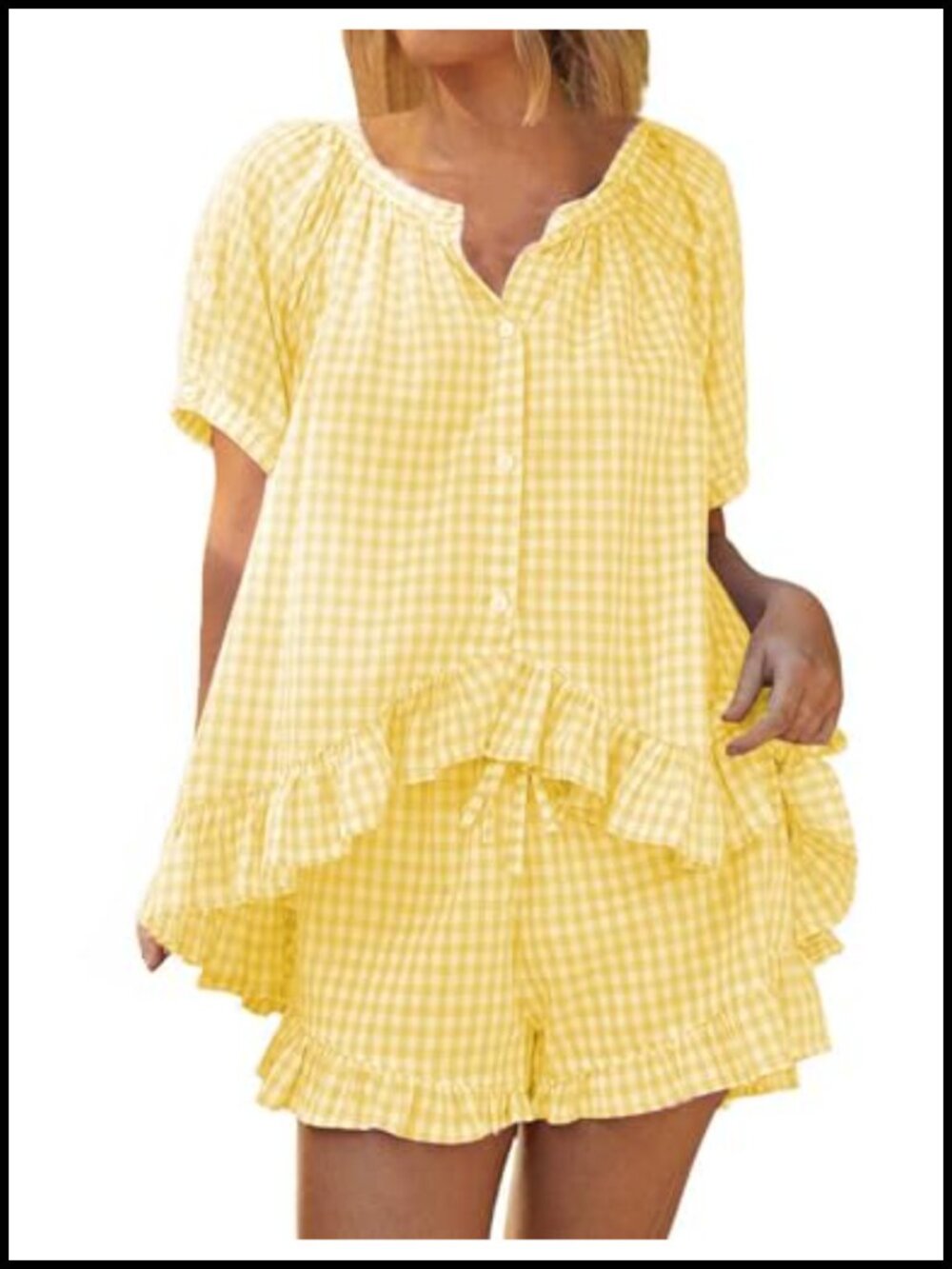 Womens Gingham Pajama Set 2 Piece Cotton Short Sleeve Plaid Ruffle Pjs Lounge